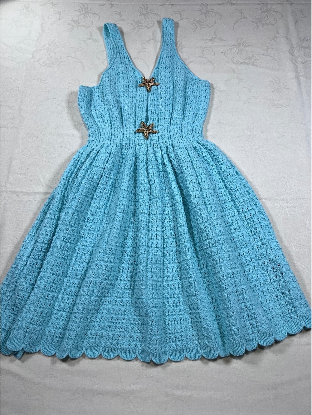 Knit Crocheted Stretch Teal Dress With Gold Starfish Accents Size Medium